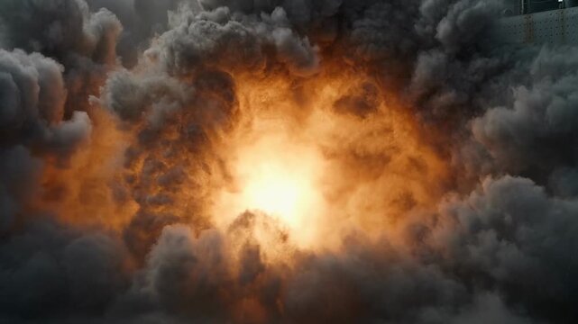 A powerful explosion rips through the side of a large vessel, with bright orange flames expanding outward and thick dark smoke quickly engulfing the scene in a dramatic display of destruction.