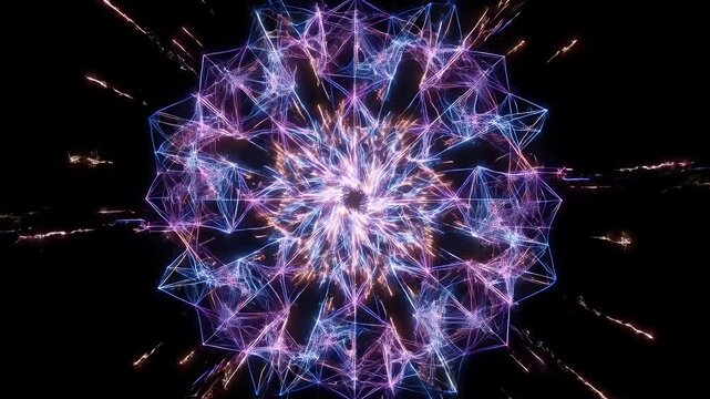 This video shows a complex, abstract pattern formed by glowing neon wireframes on a dark background. The design resembles an explosion of geometric shapes, with vibrant colors and a sense of dynamic
