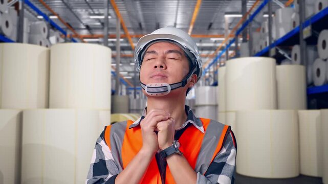 Close Up Of Asian Male Engineer With Safety Helmet Pray For Something While Standing at Warehouse with Rows of Stacked White Polymer and Paper Rolls
