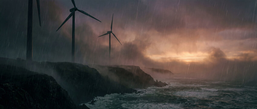 Cinematic Wind Turbines in Stormlight Over Coastal Cliffs at Sunset