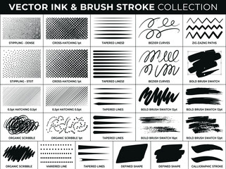 Fototapeta premium Vector Ink and Brush Stroke Collection with Stippling, Hatching, Tapered Lines, and Hand-Drawn Scribbles for Digital Illustration