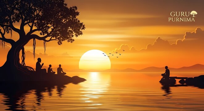 Happy Guru Purnima silhouette banner of Guru and disciples at sunset by the lake