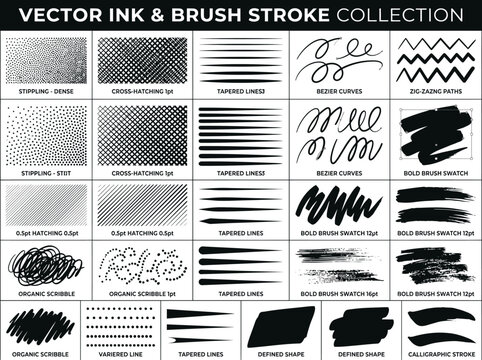 Vector Ink and Brush Stroke Collection with Stippling, Hatching, Tapered Lines, and Hand-Drawn Scribbles for Digital Illustration