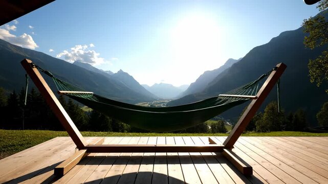 A relaxing hammock awaits with a stunning mountain valley view. Peaceful nature and clear skies offer serene outdoor escape.