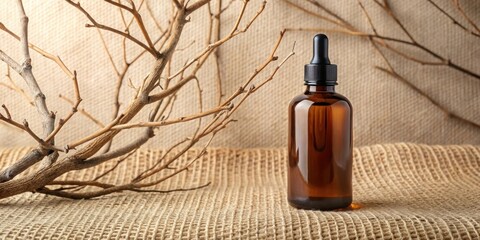 Fototapeta premium Amber bottle with dropper on burlap background, near dried branches