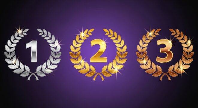 Shiny laurel wreaths with numbers represent first, second, and third place rankings.