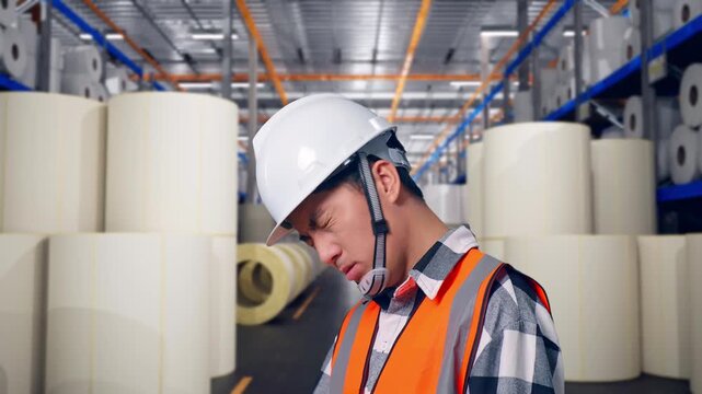Close Up Side View Of Asian Male Engineer With Safety Helmet Having A Headache While Working at Warehouse with Rows of Stacked White Polymer and Paper Rolls
