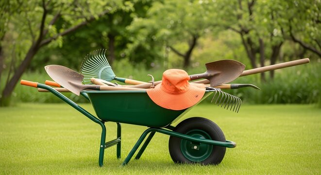 Happy summer day gardening tools in a wheelbarrow on a lush green lawn