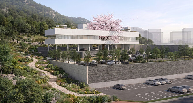 3d architectural rendering of a modern educational facility in the park on a sunny day