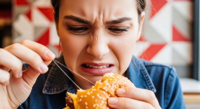 Disgusted young woman reacts negatively to a fast food burger with a strand of hair attached to it.