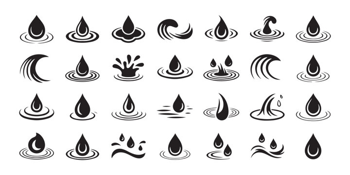 Large collection of black water drop ripples and wave splash silhouettes for logo design elements.