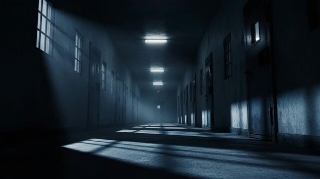 Empty dark prison hallway with jail cells