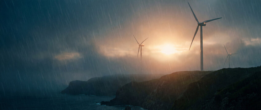 Cinematic Wind Turbines in Stormlight Above Coastal Ridge at Sunrise