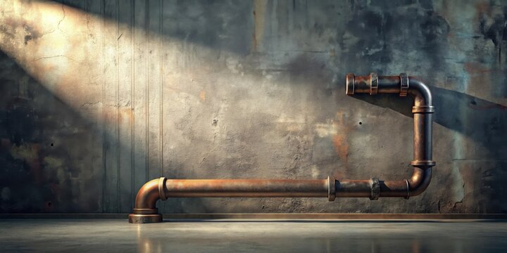 Rustic industrial pipe installation against a textured wall background featuring aged metal and concrete