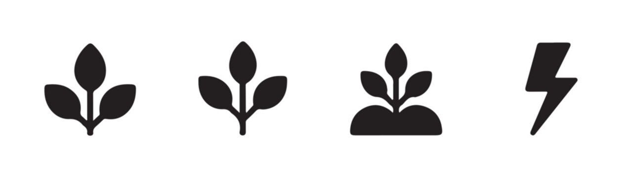Ecological growth icons set with leaf sprouts and energy lightning bolt symbols on transparent.