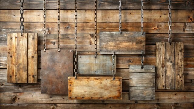 Rustic Wooden Signs Hanging on Chains Against Weathered Wood Background, Perfect for Rustic Designs and Vintage Aesthetics