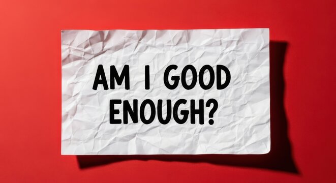 Wrinkled paper with the handwritten question asking if someone is good enough sits on a red background.