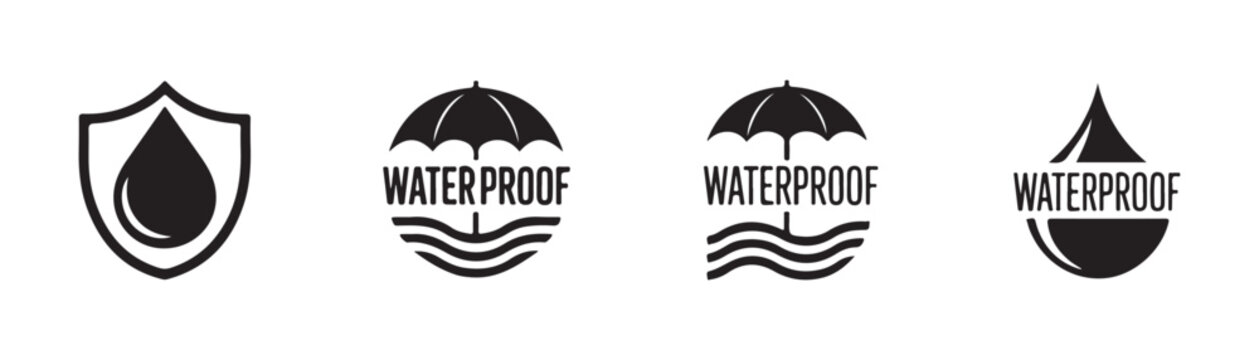 Waterproof icon set with shield, umbrella, and water drop designs for product labels.
