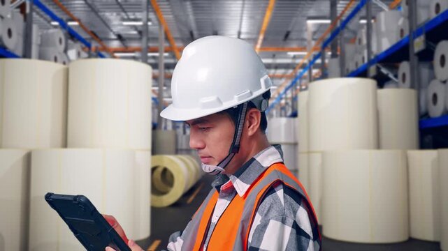 Close Up Side View Of Asian Male Engineer With Safety Helmet Working On A Tablet While Standing at Warehouse with Rows of Stacked White Polymer and Paper Rolls