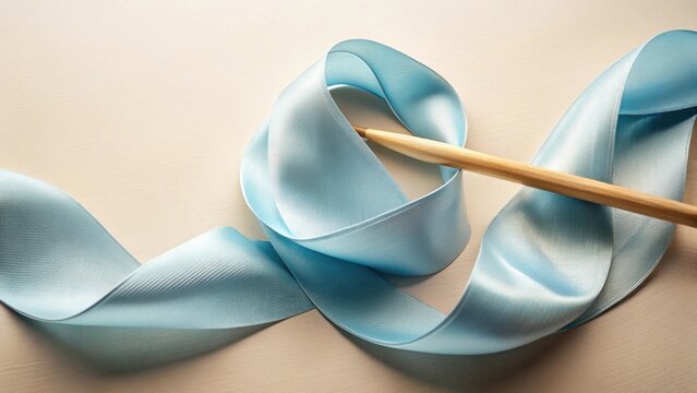 A pale blue satin ribbon elegantly flows across a smooth surface, delicately intertwined with a slender wooden dowel, suggesting concepts of elegance, artistry, and thoughtful design.