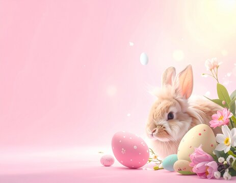 Festive Easter Background with Bunny and Decorative Eggs