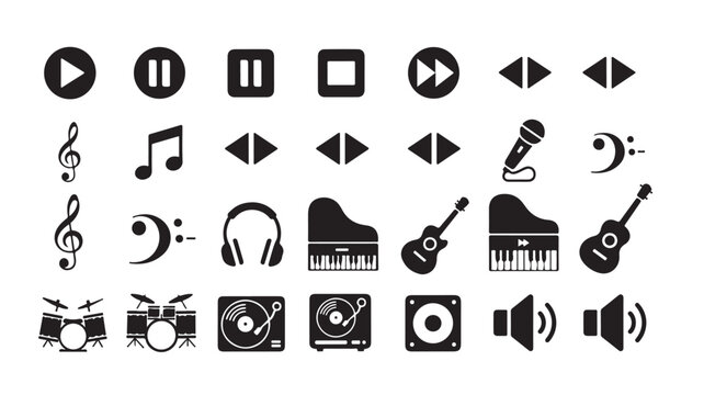 Music Icons Set Including Play Button, Instruments and Audio Controls For Music Technology Concepts