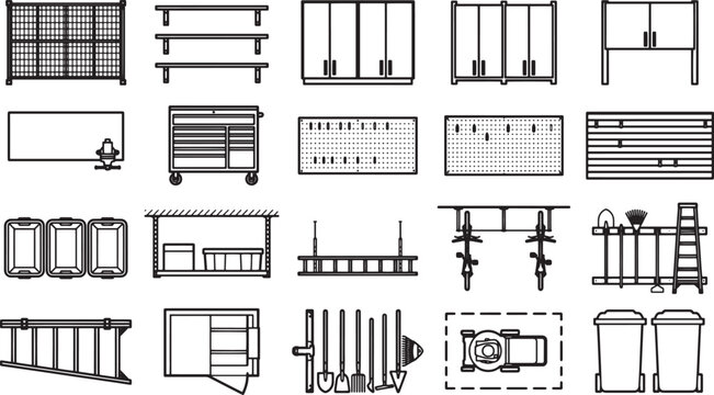 A schematic illustration showcasing a variety of storage options, shelves and workbenches, representing a collection of utility, design, and organizational elements.
