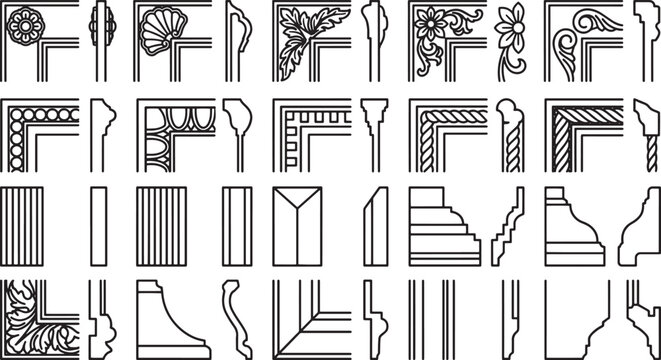 Diverse collection of architectural cornices and ornamental elements arranged in a pattern, creating a comprehensive resource for design and decorative inspiration.