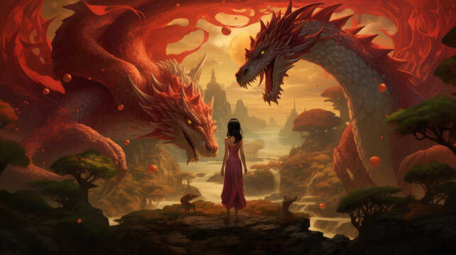 Girl facing two red dragons in a fantasy landscape during sunset