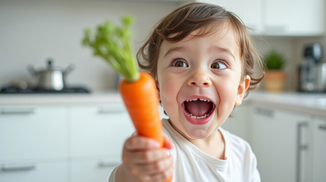 Cheerful child with big smile holds fresh carrot in modern kitchen. Healthy childrens nutrition concept