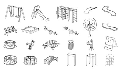 Obraz premium Playground CAD drawing vector set park equipment swings slide seesaw outline plan icons