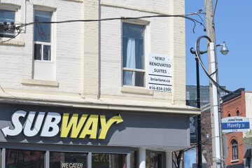 Naklejka premium Subway sandwich shop sign outside historic building at 2897 Dundas St W (Mavety St side), The Junction, Toronto