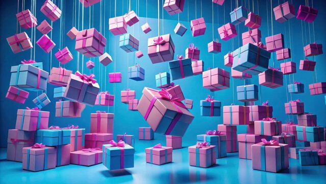 A profusion of pastel presents suspended in mid-air, a vibrant spectacle of gifting