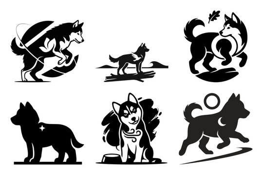Husky wolfdog motion silhouette icons with energetic poses