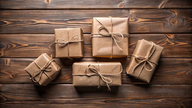 Rustic Brown Paper Packages Tied with Twine Resting on a Weathered Wooden Surface