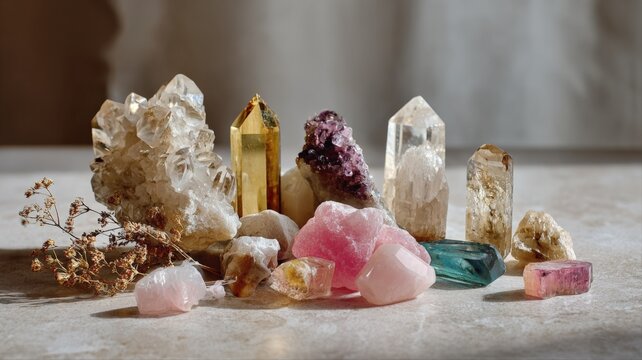 Collection of various natural healing crystals and gemstones with dried flowers, displaying natural beauty and energy