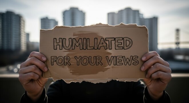 Person holds a cardboard sign displaying the text humiliated for your views against an urban background.
