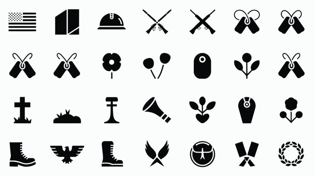 Set of thirty minimalistic black military and remembrance icons arranged in a clean grid layout for patriotic memorial graphic design and veteran commemoration projects
