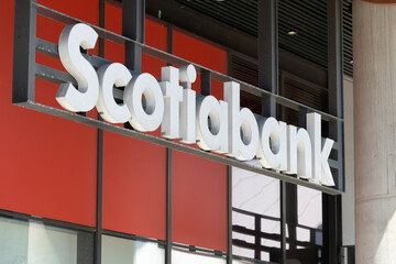 Naklejka premium grungy Scotiabank sign at 436 Front St W, Unit 38, inside The Well, Toronto
