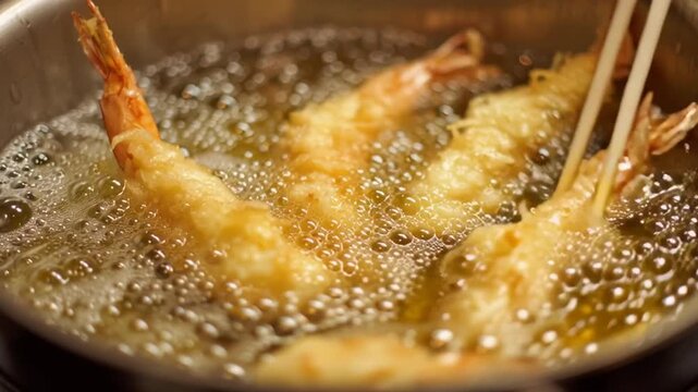deep frying tempura shrimp