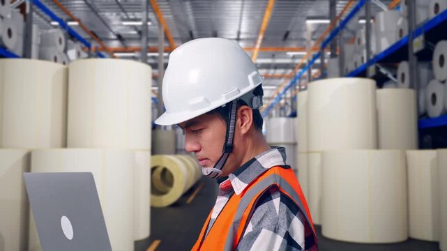 Close Up Side View Of Asian Male Engineer With Safety Helmet Working On A Laptop While Standing at Warehouse with Rows of Stacked White Polymer and Paper Rolls