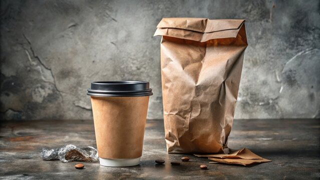 A kraft paper coffee cup and a crumpled paper bag sit on a rustic surface, accompanied by scattered coffee beans and discarded packaging remnants.