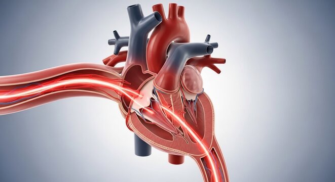 Anatomical illustration of the human heart showing blood flow and electrical conduction system.