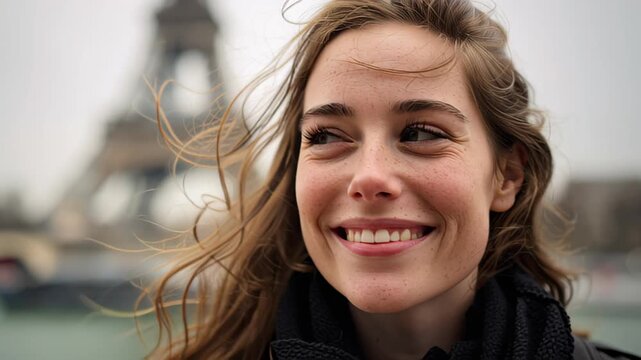 Close-up footage of a smiling young woman with windblown hair outdoors, with the Eiffel Tower softly blurred behind her in Paris, France, travel lifestyle concept