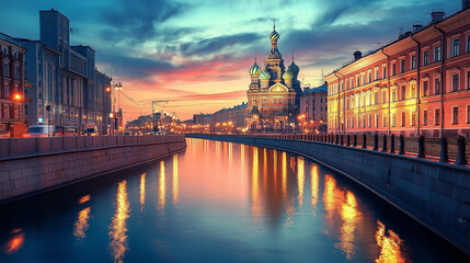 Obraz premium City view at sunset, tranquil evening, reflections on water, Saint Petersburg