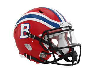 Fototapeta premium Red and blue football helmet with a prominent b logo emblem isolated on white background
