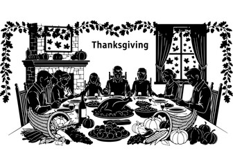 Naklejka premium Thanksgiving family dinner celebration silhouette with roasted turkey and pumpkin vector illustration for autumn holiday party invitation and harvest season gathering graphic design project.