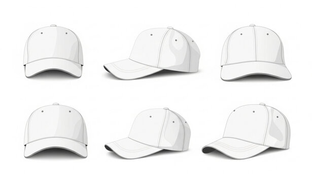Realistic white baseball cap mockup vector set with multiple view angles blank sports hat template