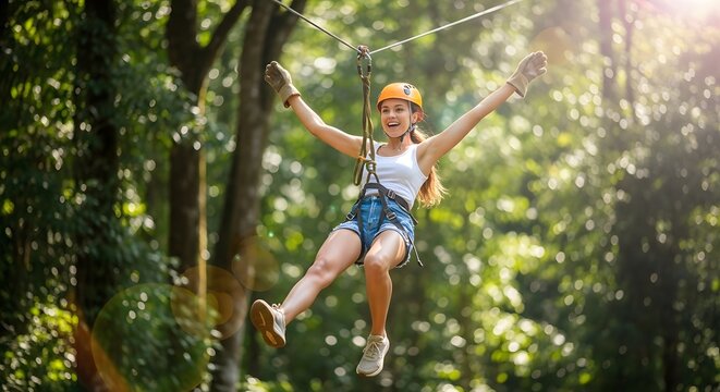 Happy summer day thrilling zipline adventure in a lush green forest