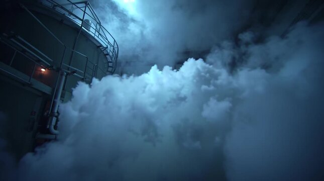 Steam released from a reactor valve, dense vapor clouds expanding in slow motion, dramatic industrial lighting, cinematic perspective, capturing power, scale, and atmospheric tension.